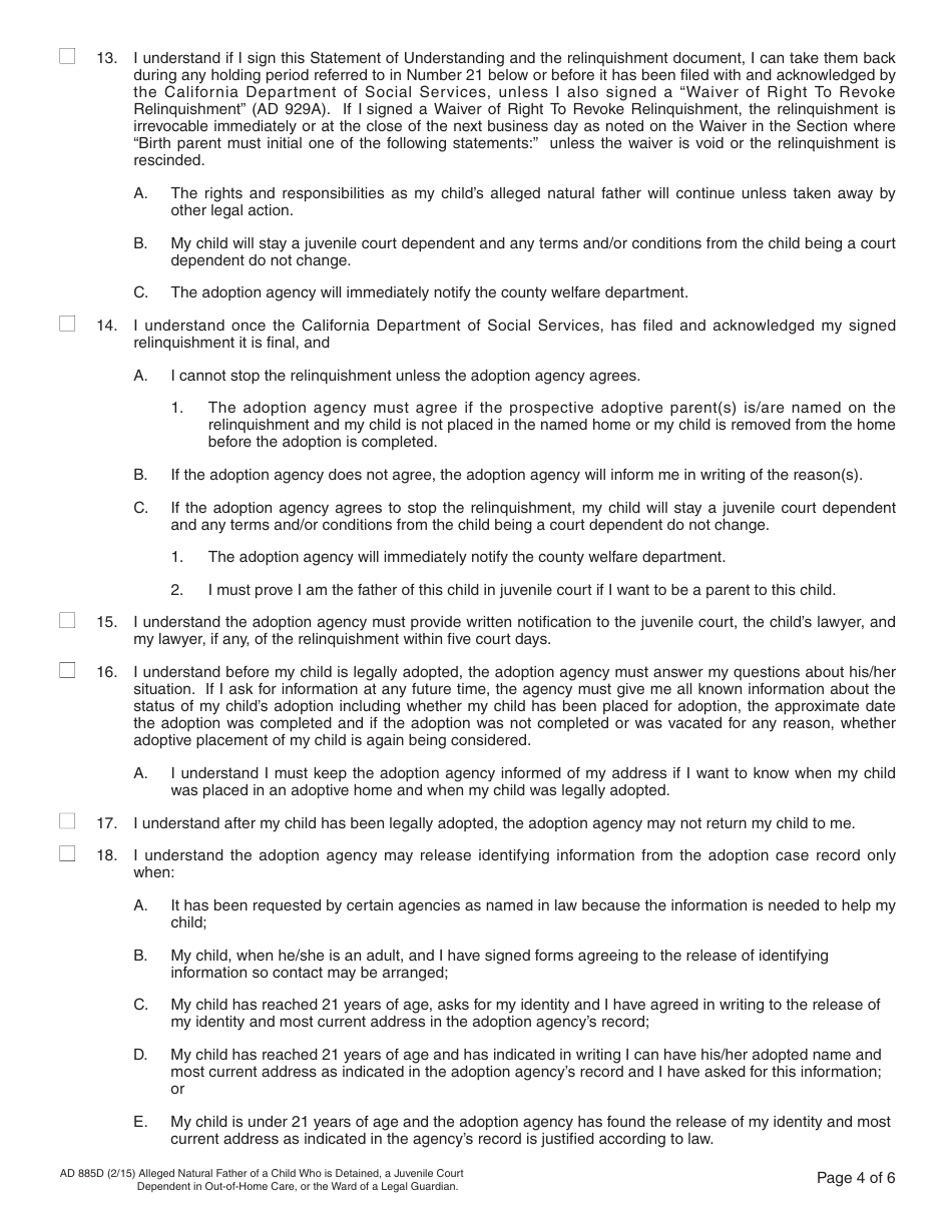 Form AD885D Statement of Understanding Agency Adoptions Program - Alleged Natural Father of a Child Who Is Detained, a Juvenile Court Dependent in out-Of-Home Care, or the Ward of a Legal Guardian - California, Page 4