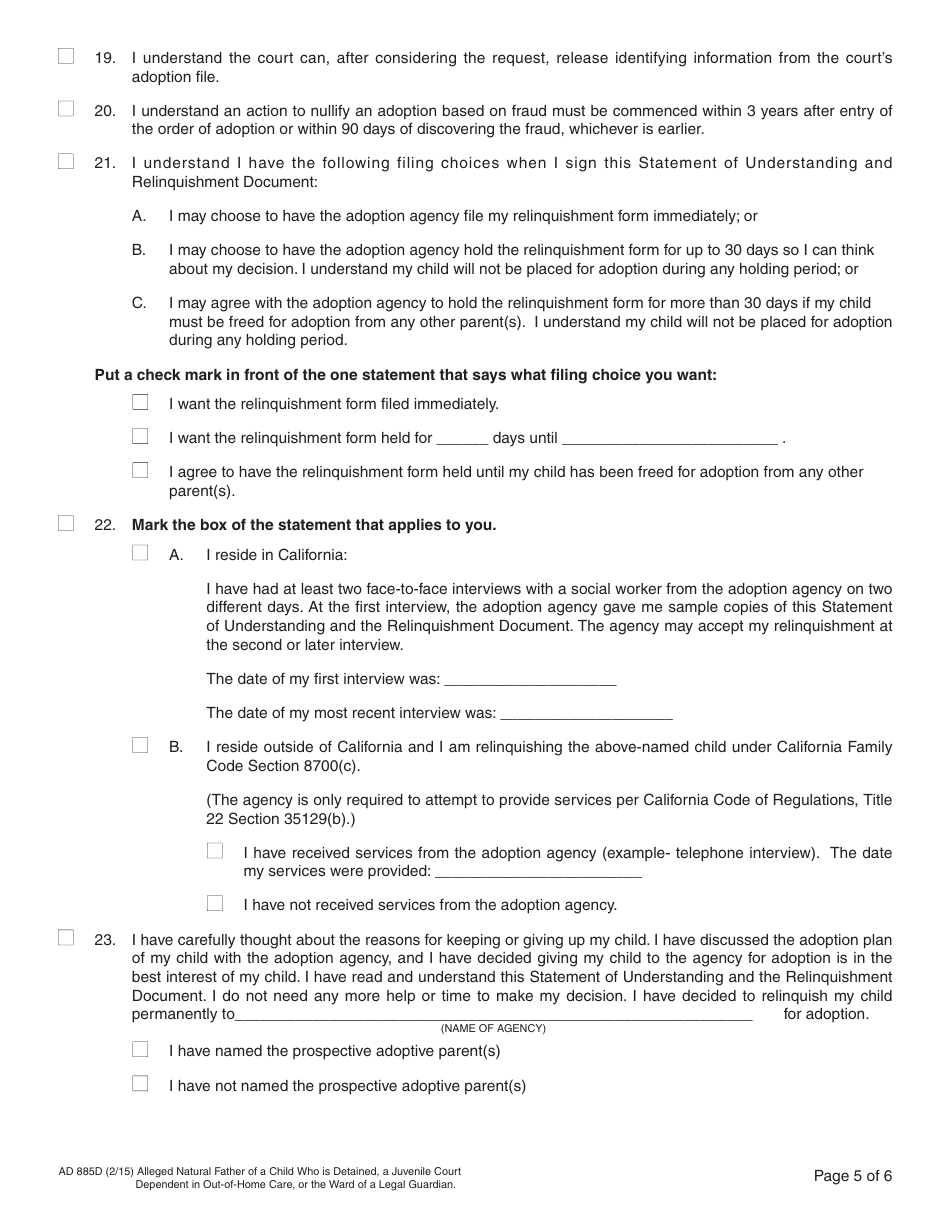 Form AD885D Statement of Understanding Agency Adoptions Program - Alleged Natural Father of a Child Who Is Detained, a Juvenile Court Dependent in out-Of-Home Care, or the Ward of a Legal Guardian - California, Page 5