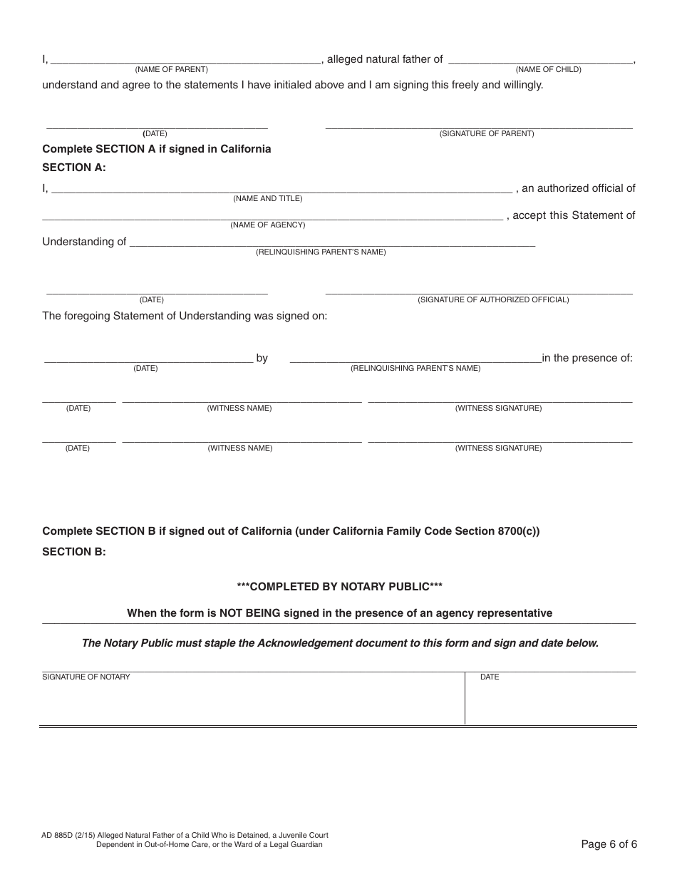 Form AD885D Statement of Understanding Agency Adoptions Program - Alleged Natural Father of a Child Who Is Detained, a Juvenile Court Dependent in out-Of-Home Care, or the Ward of a Legal Guardian - California, Page 6