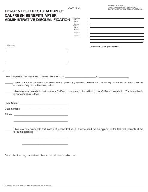 Form CF377.7A1  Printable Pdf