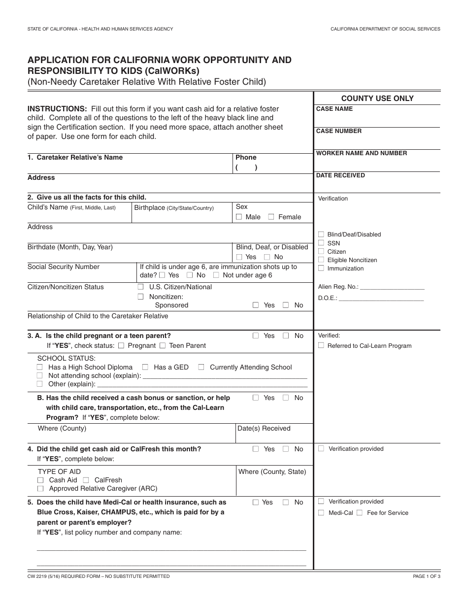 Form CW2219 Application for California Work Opportunity and Responsibility to Kids (Calworks) - California, Page 1