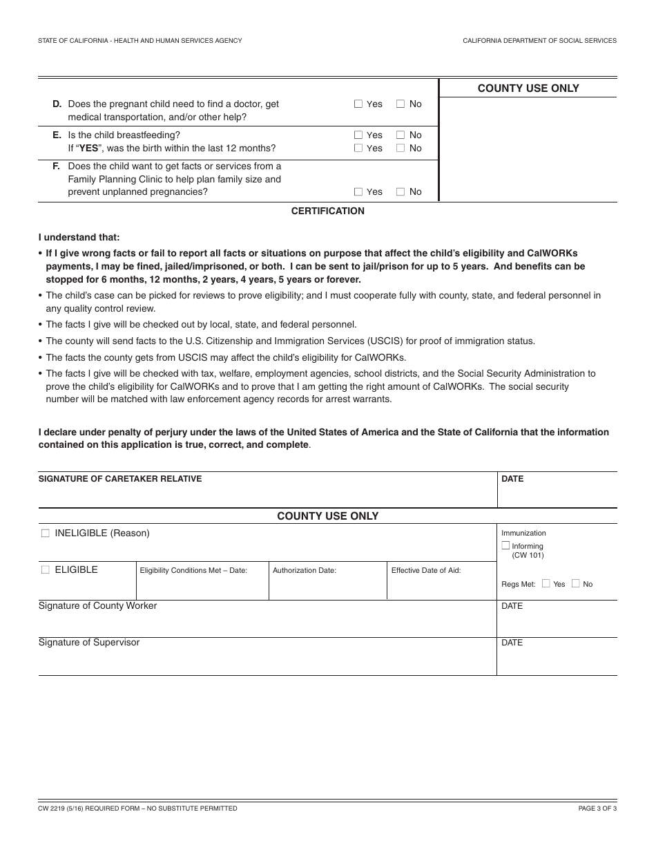 Form CW2219 Application for California Work Opportunity and Responsibility to Kids (Calworks) - California, Page 3