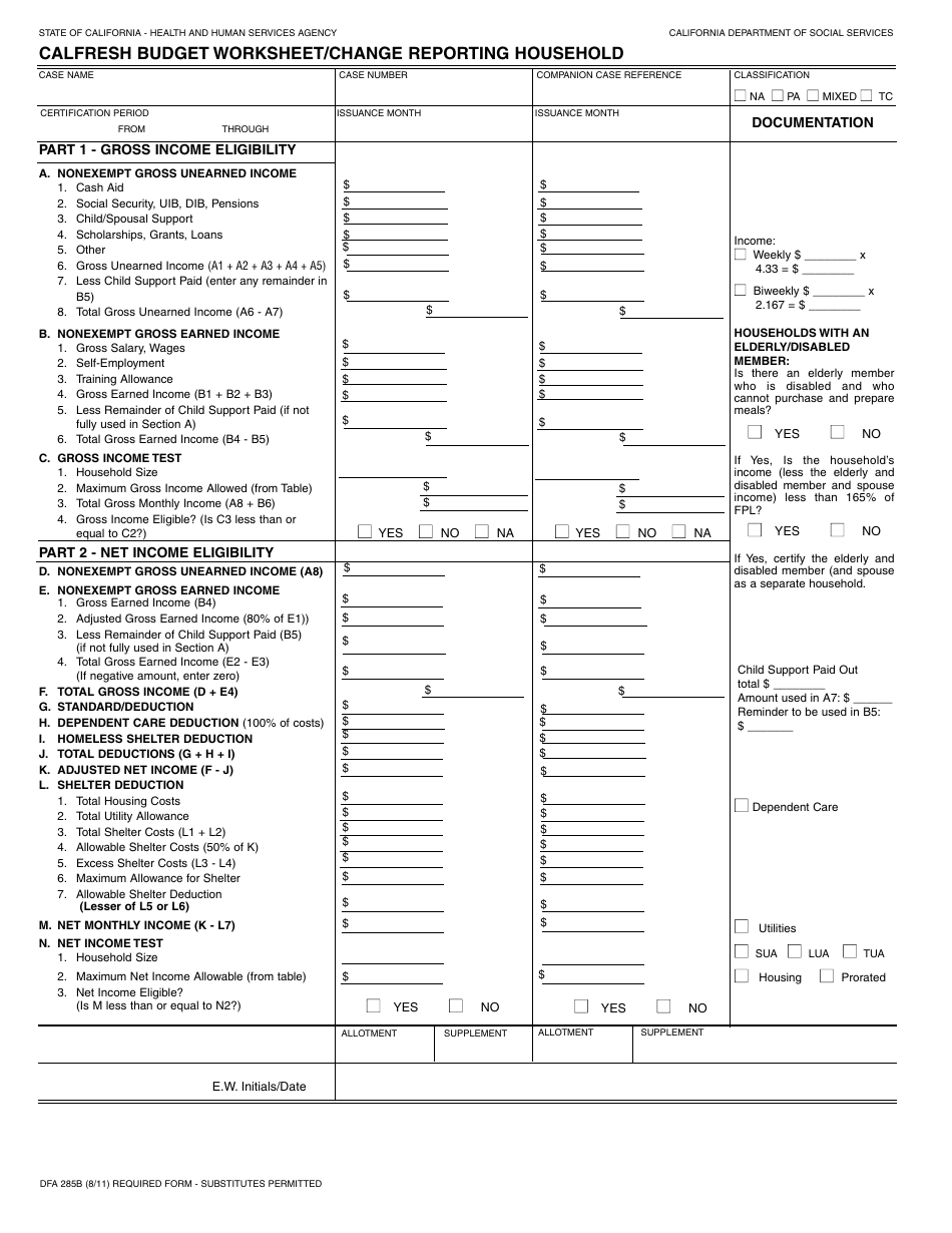 Form DFA285B CalFresh Budget Worksheet / Change Reporting Household - California, Page 1