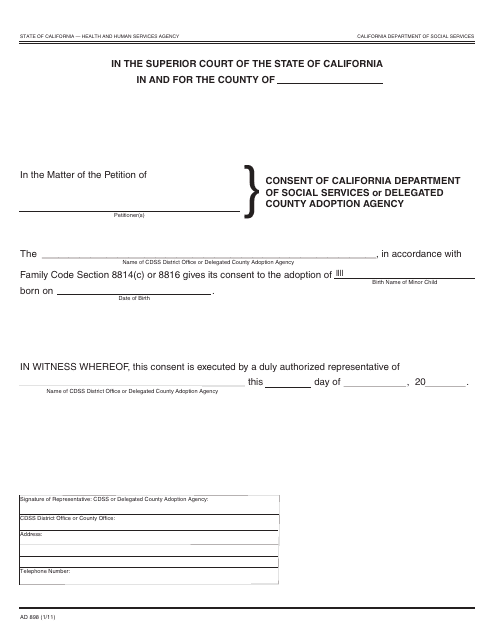 Form AD898 Consent of California Department of Social Services or Delegated County Adoption Agency - California
