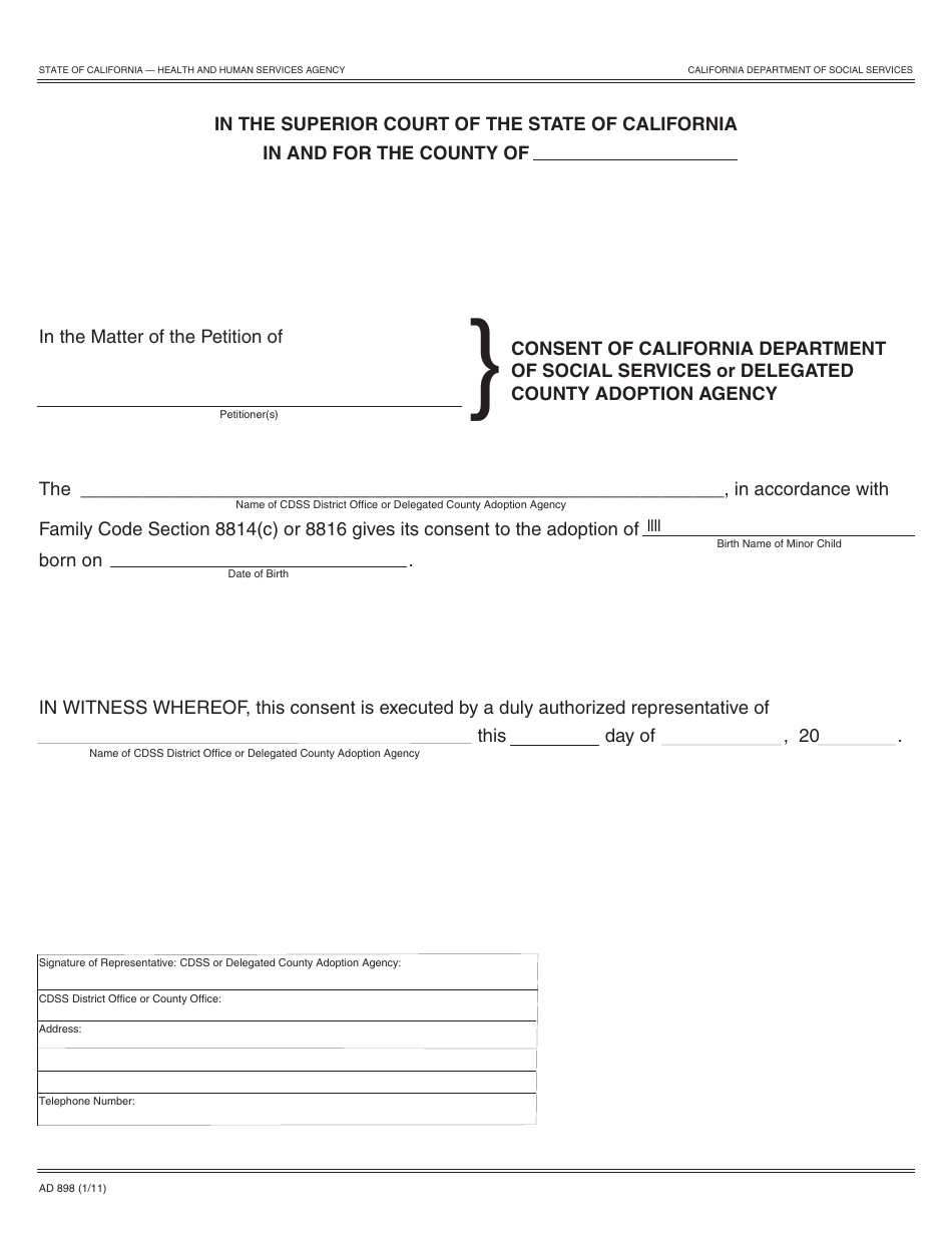 Form AD898 Consent of California Department of Social Services or Delegated County Adoption Agency - California, Page 1