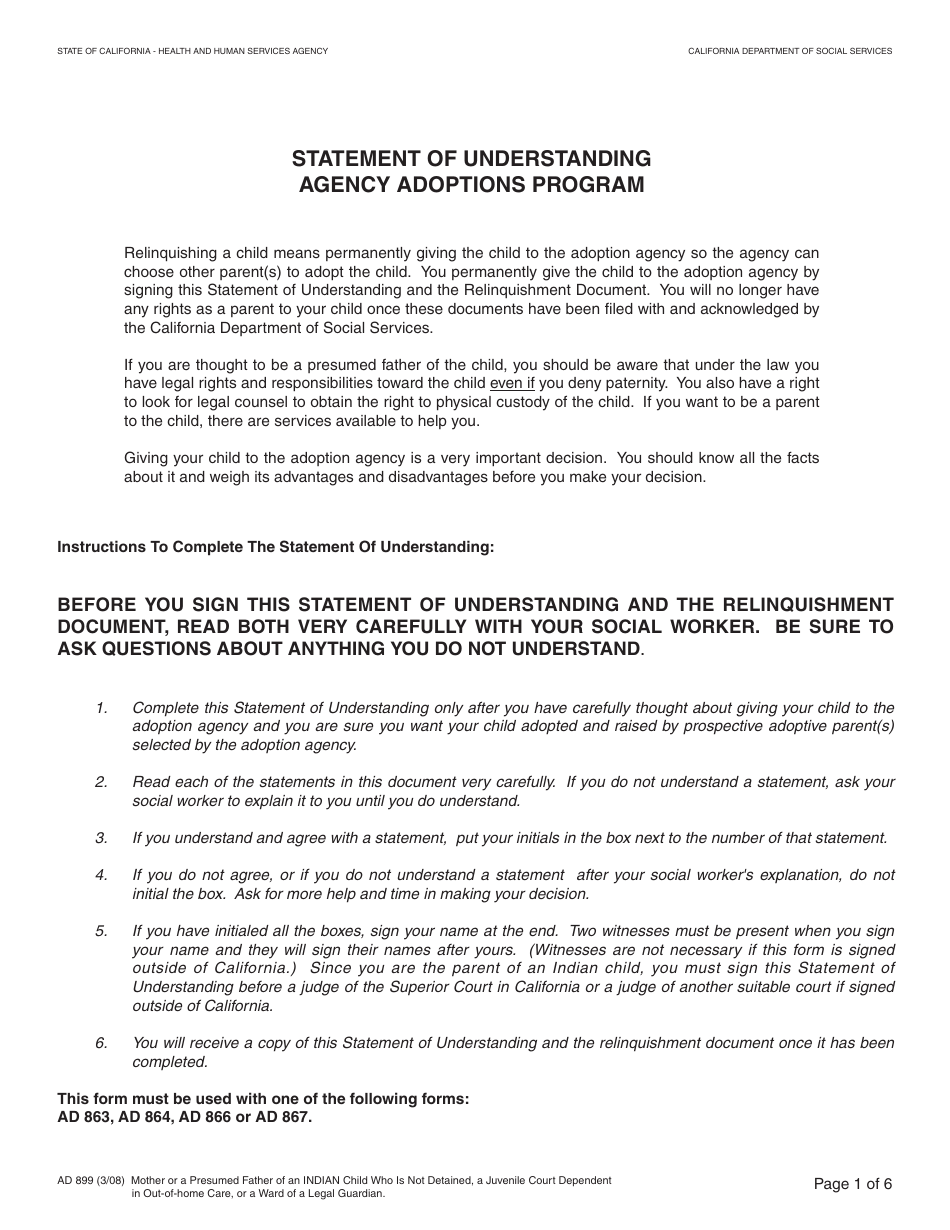 Form AD899 Statement of Understanding - Mother or a Presumed Father of the Indian Child Who Is Not Detained, a Juvenile Court Dependent in out-Of-Home Care, or a Ward of a Legal Guardian - Agency Adoptions Program - California, Page 1