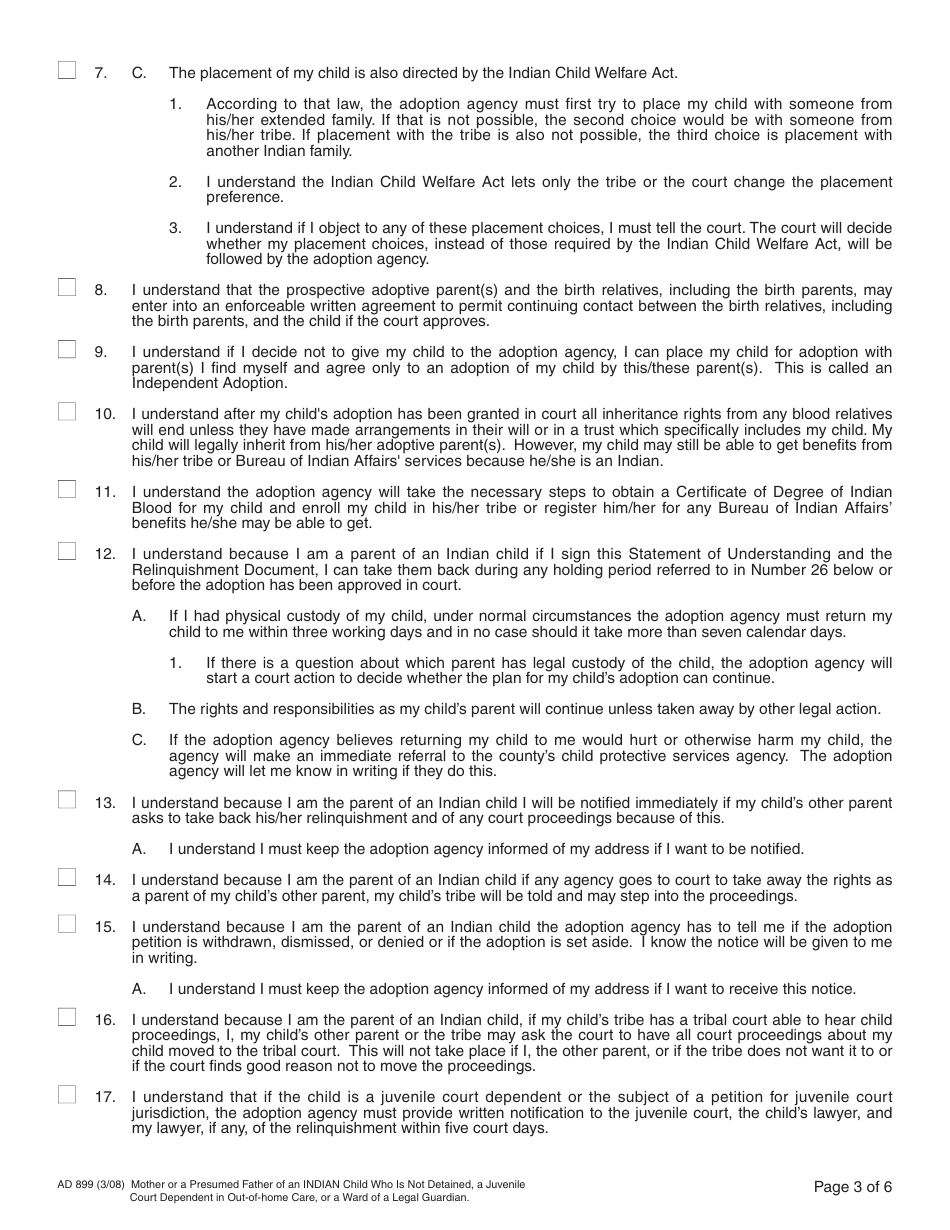 Form AD899 Statement of Understanding - Mother or a Presumed Father of the Indian Child Who Is Not Detained, a Juvenile Court Dependent in out-Of-Home Care, or a Ward of a Legal Guardian - Agency Adoptions Program - California, Page 3