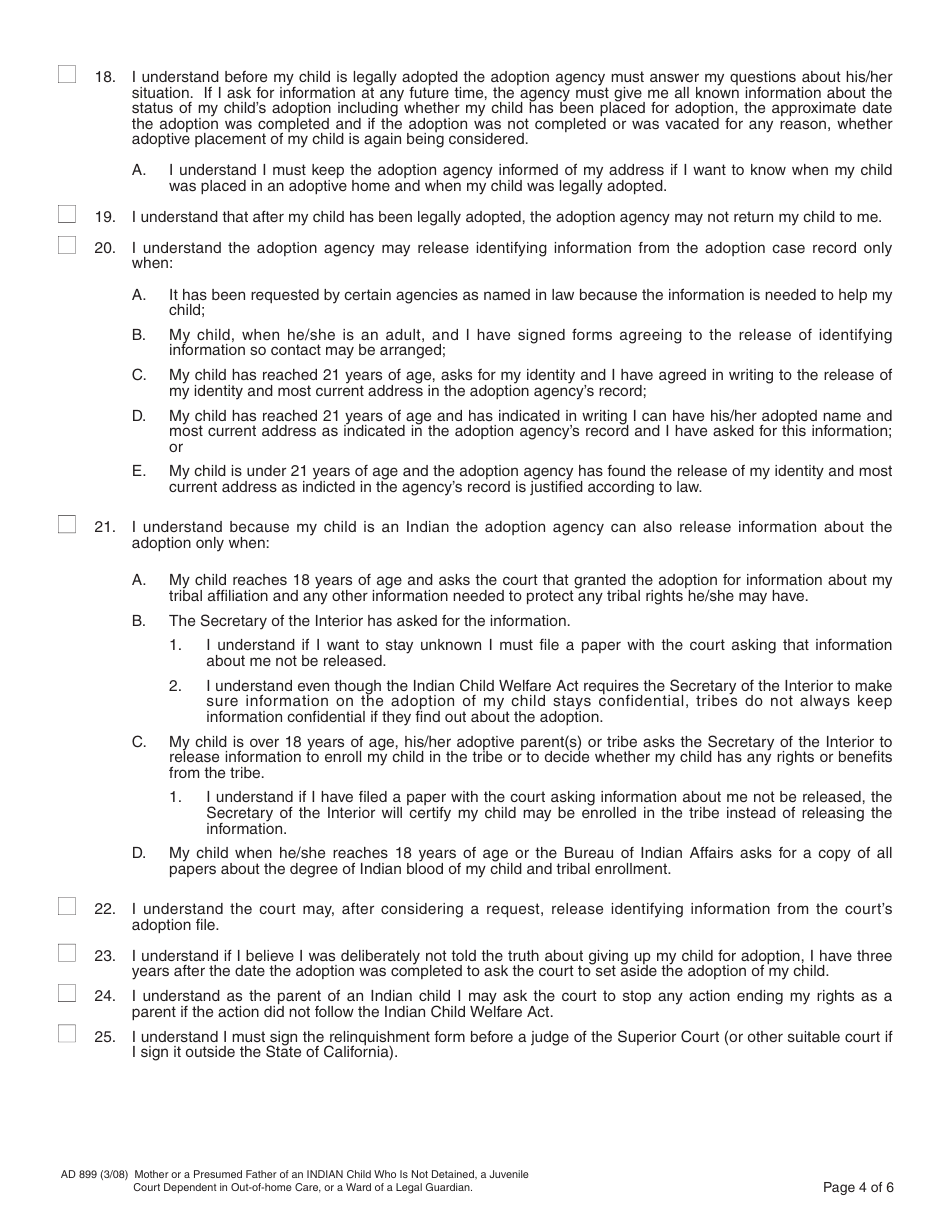 Form AD899 Statement of Understanding - Mother or a Presumed Father of the Indian Child Who Is Not Detained, a Juvenile Court Dependent in out-Of-Home Care, or a Ward of a Legal Guardian - Agency Adoptions Program - California, Page 4