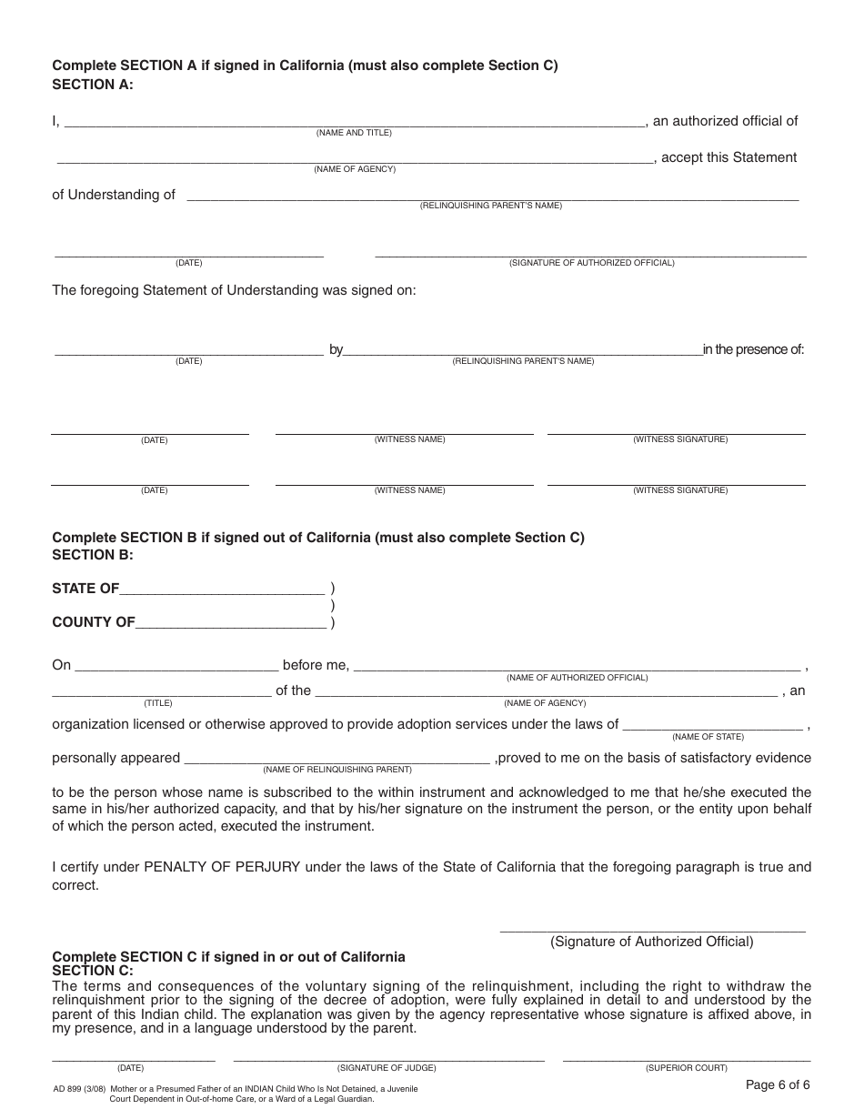 Form AD899 Statement of Understanding - Mother or a Presumed Father of the Indian Child Who Is Not Detained, a Juvenile Court Dependent in out-Of-Home Care, or a Ward of a Legal Guardian - Agency Adoptions Program - California, Page 6
