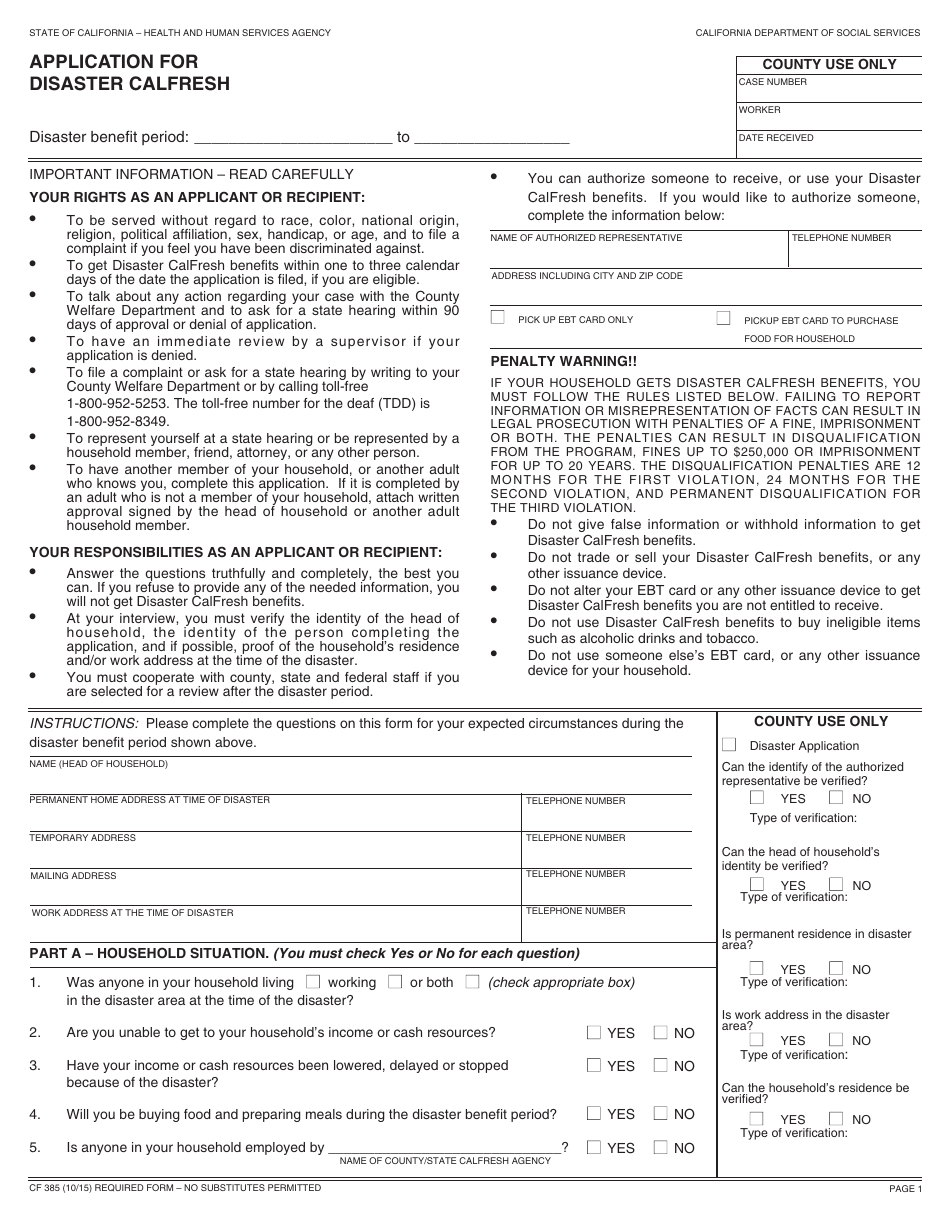 Form CF385 Application for Disaster Calfresh - California, Page 1