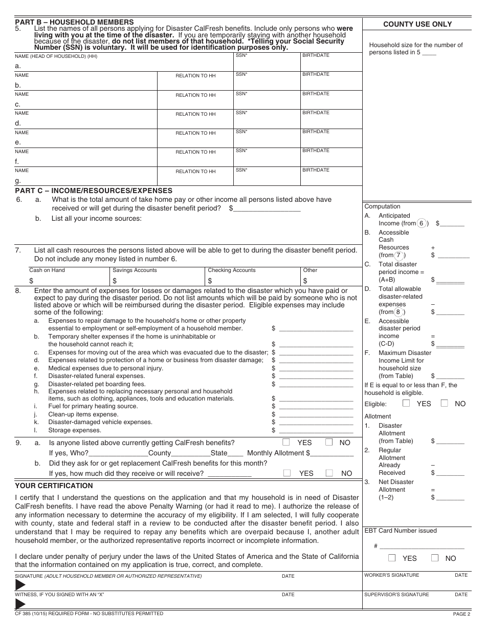 Form CF385 Application for Disaster Calfresh - California, Page 2