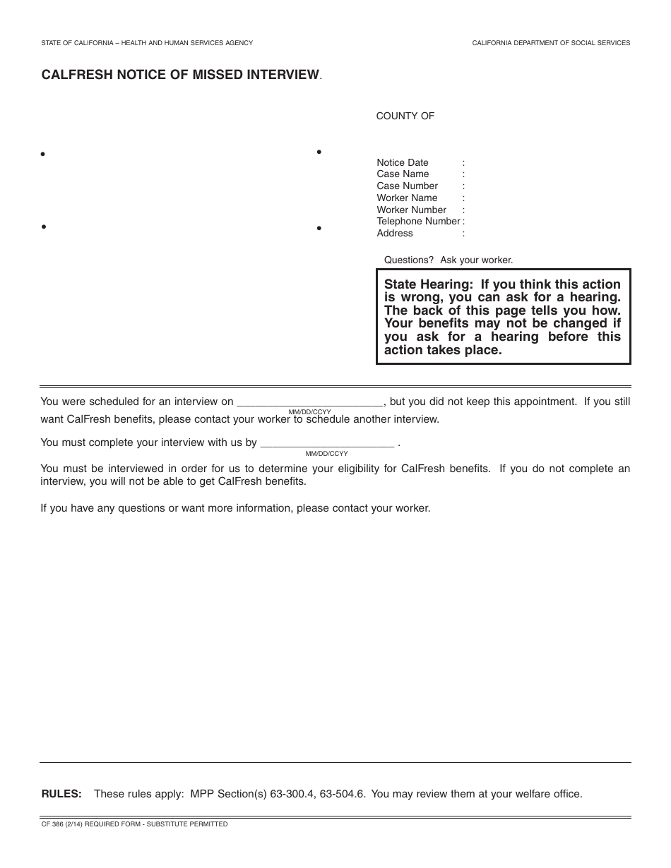 Form CF386 CalFresh Notice of Missed Interview - California, Page 1