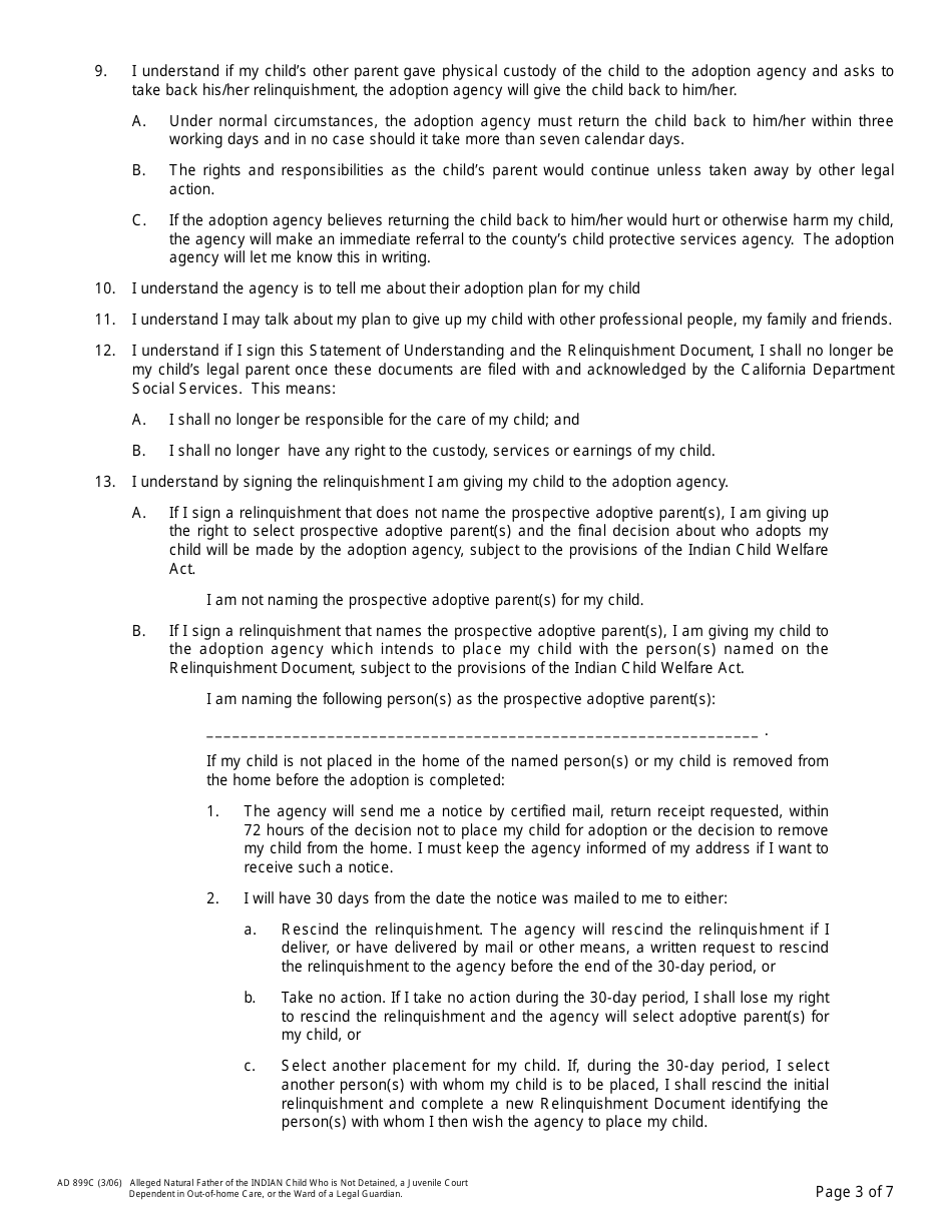 Form AD899C Statement of Understanding Agency Adoptions Program - Alleged Natural Father of an Indian Child Who Is Not Detained, a Juvenile Court Dependent in out-Of-Home Care, or the Ward of a Legal Guardian - California, Page 3