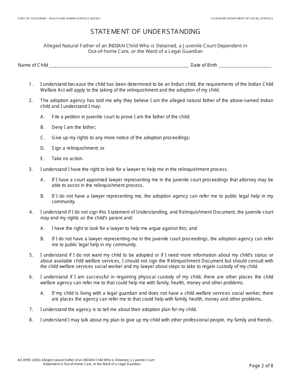 Form AD899D Statement of Understanding Agency Adoptions Program (Alleged Natural Father of an Indian Child Who Is Detained, a Juvenile Court Dependent in out-Of-Home Care, or the Ward of a Legal Guardian) - California, Page 2