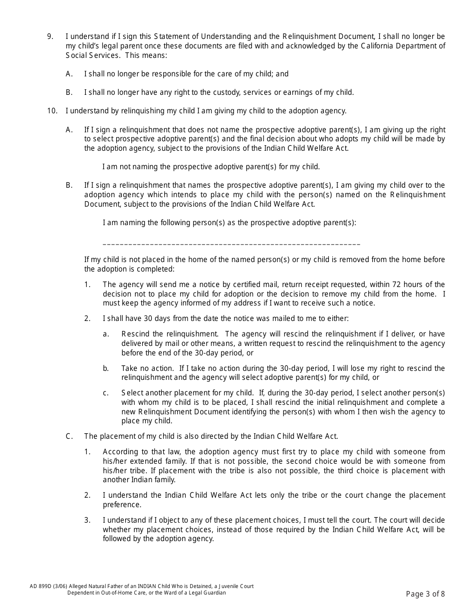 Form AD899D Statement of Understanding Agency Adoptions Program (Alleged Natural Father of an Indian Child Who Is Detained, a Juvenile Court Dependent in out-Of-Home Care, or the Ward of a Legal Guardian) - California, Page 3