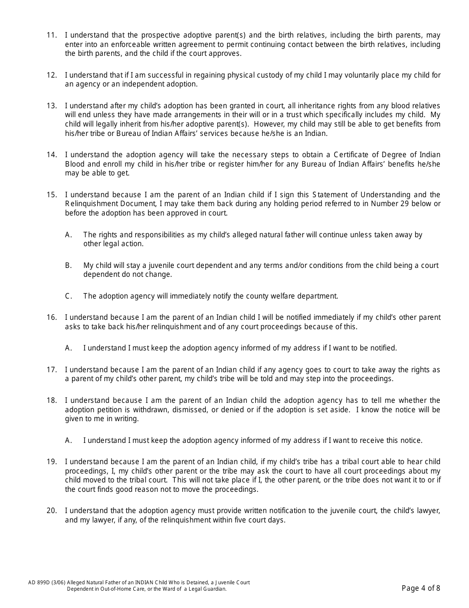 Form AD899D Statement of Understanding Agency Adoptions Program (Alleged Natural Father of an Indian Child Who Is Detained, a Juvenile Court Dependent in out-Of-Home Care, or the Ward of a Legal Guardian) - California, Page 4
