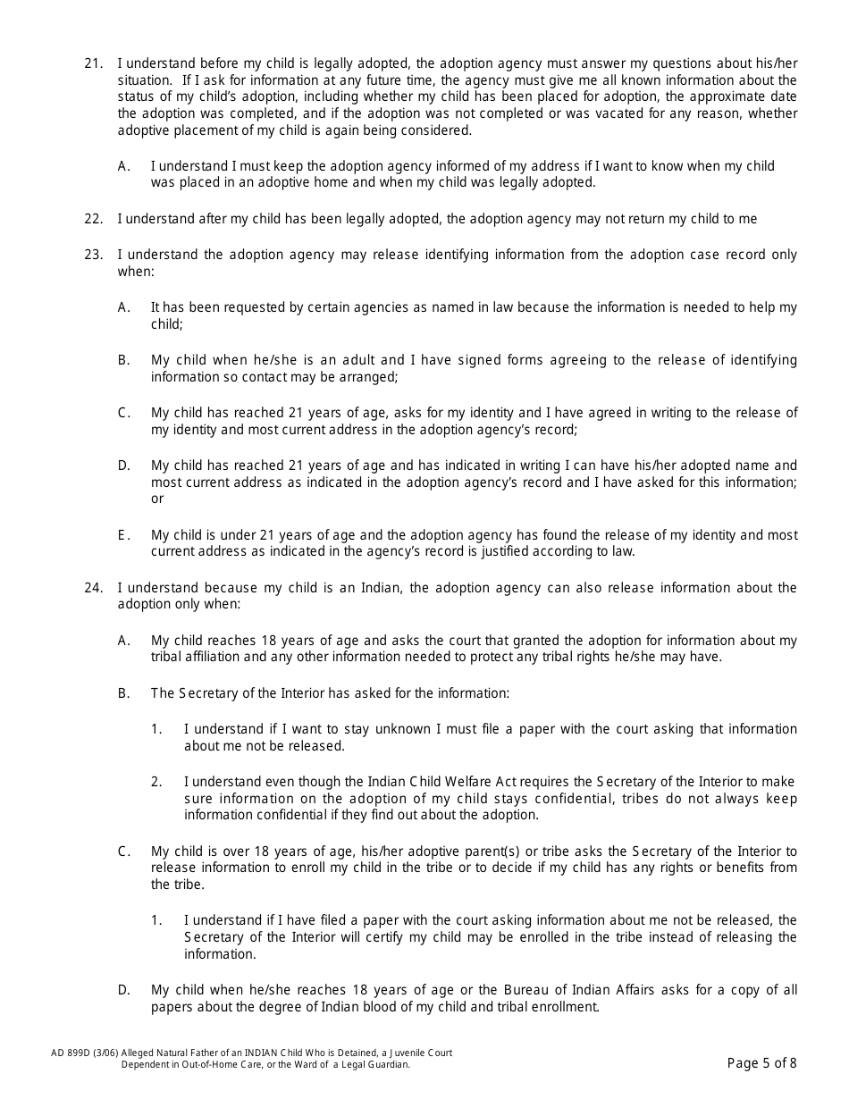 Form AD899D Statement of Understanding Agency Adoptions Program (Alleged Natural Father of an Indian Child Who Is Detained, a Juvenile Court Dependent in out-Of-Home Care, or the Ward of a Legal Guardian) - California, Page 5