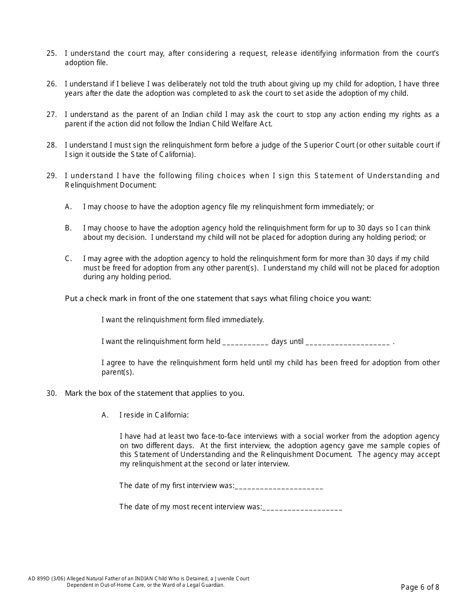 Form AD899D Statement of Understanding Agency Adoptions Program (Alleged Natural Father of an Indian Child Who Is Detained, a Juvenile Court Dependent in out-Of-Home Care, or the Ward of a Legal Guardian) - California, Page 6