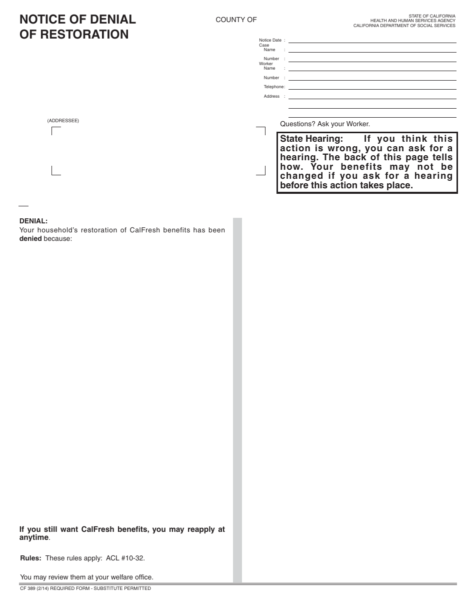 Form CF389 Notice of Denial of Restoration - California, Page 1