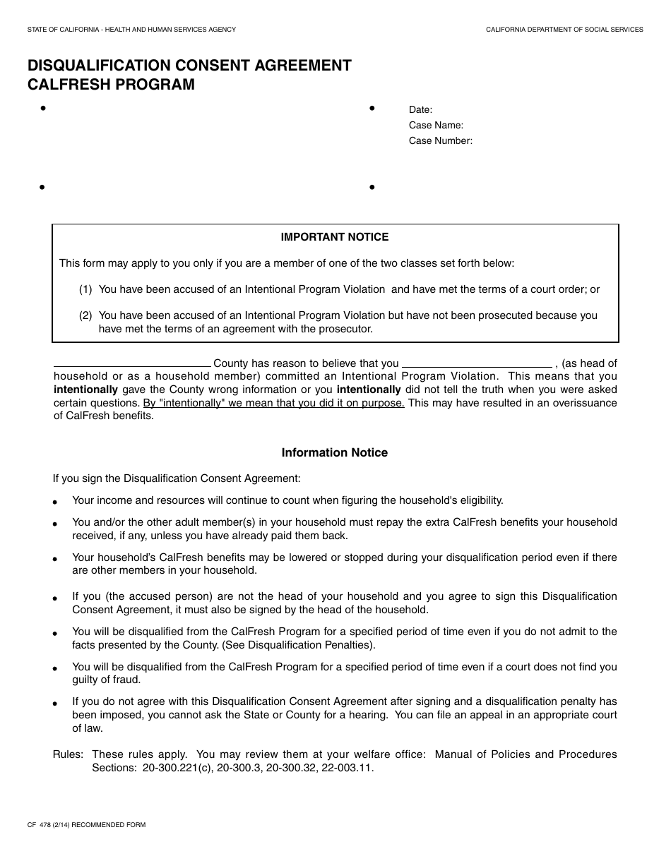 Form CF478 Disqualification Consent Agreement (CalFresh Program) - California, Page 1