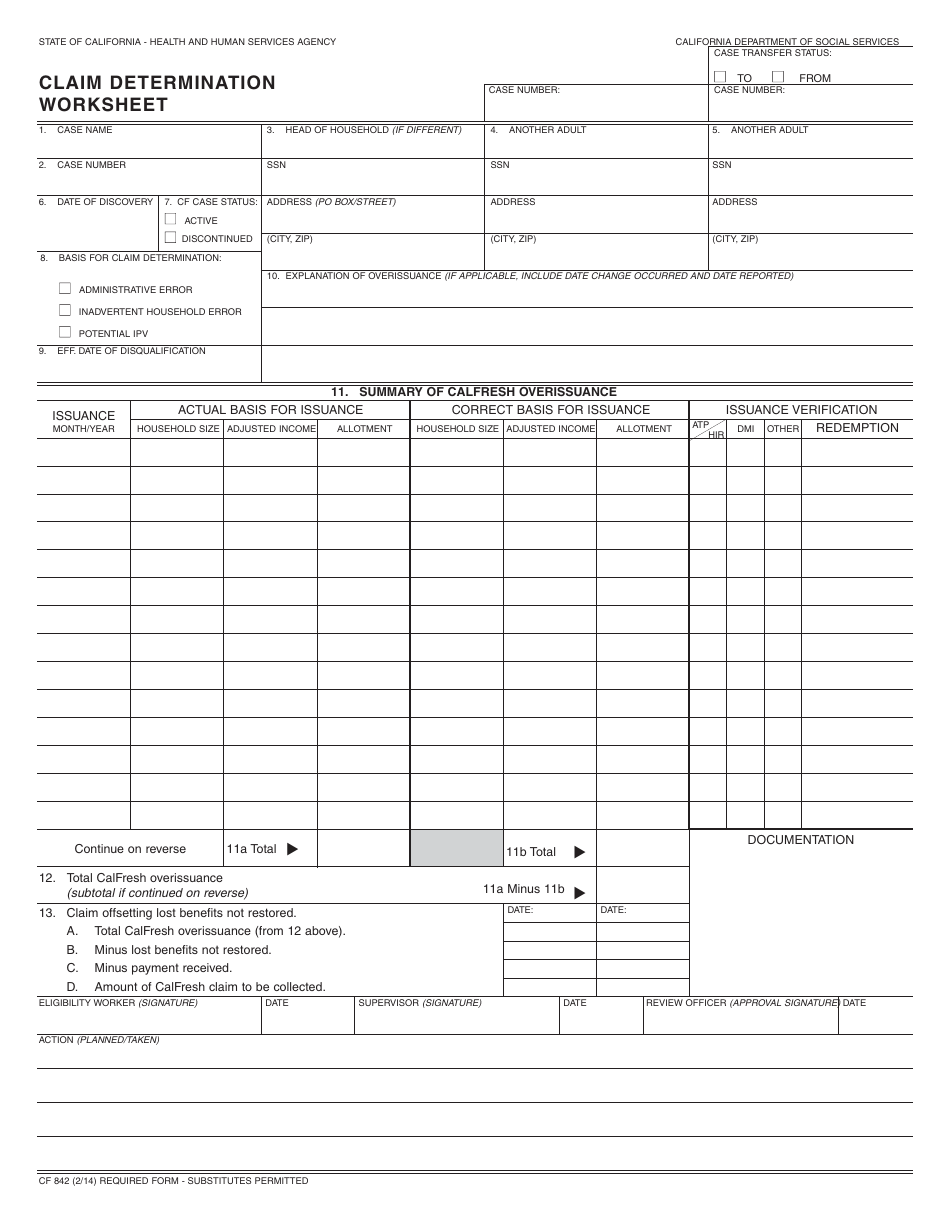 Form CF842 Claim Determination Worksheet - California, Page 1