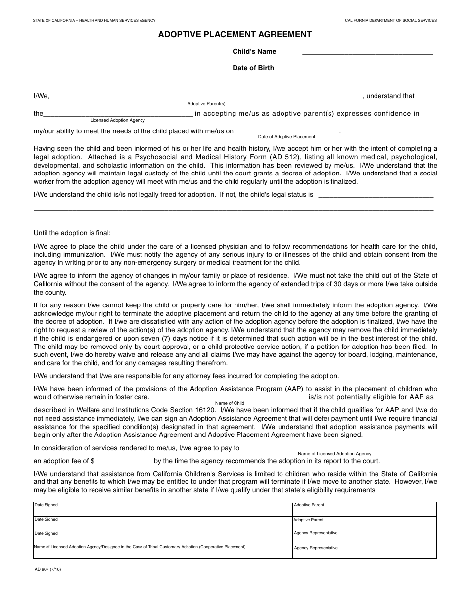 Form AD907 Adoptive Placement Agreement - California, Page 1
