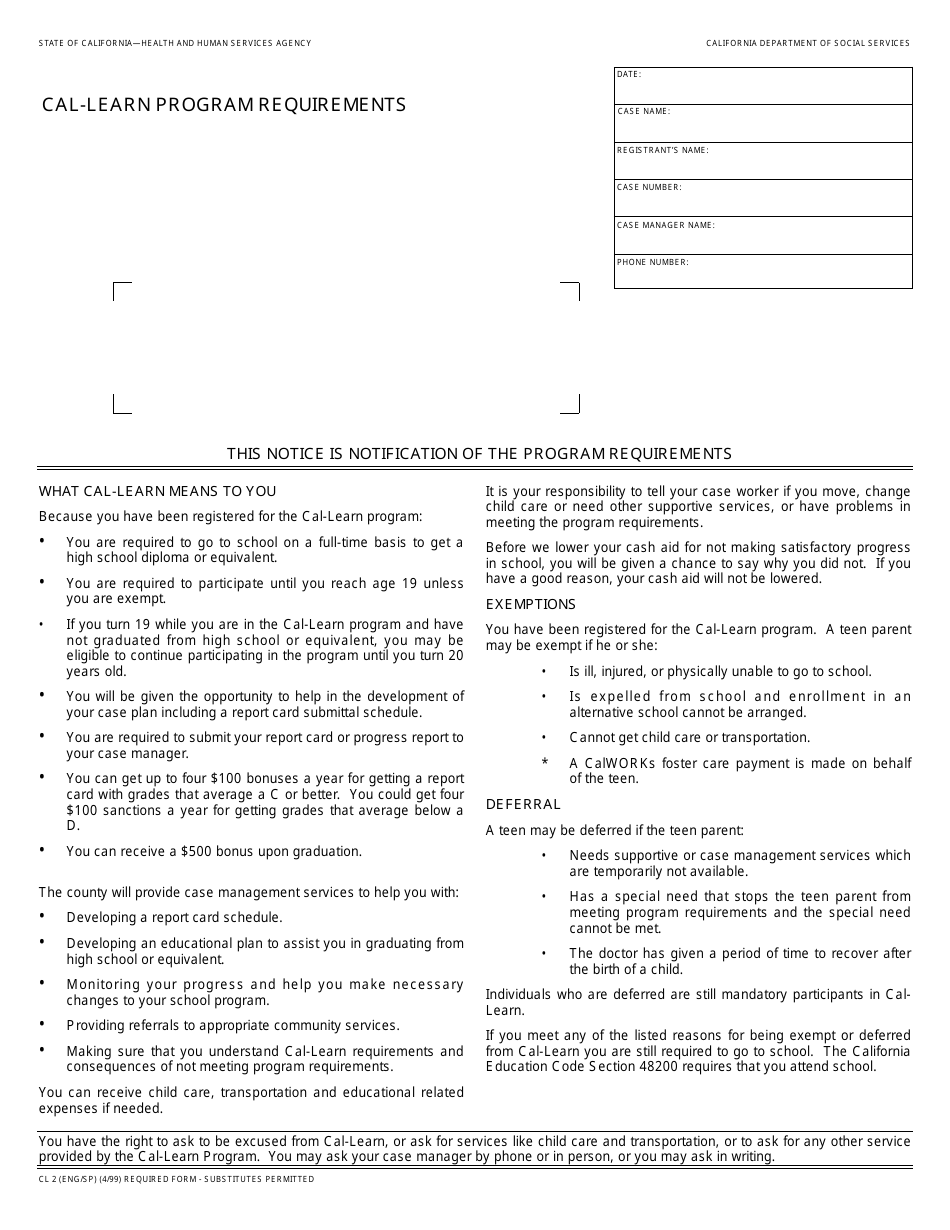 Form CL2 Cal-Learn Program Requirements - California, Page 1