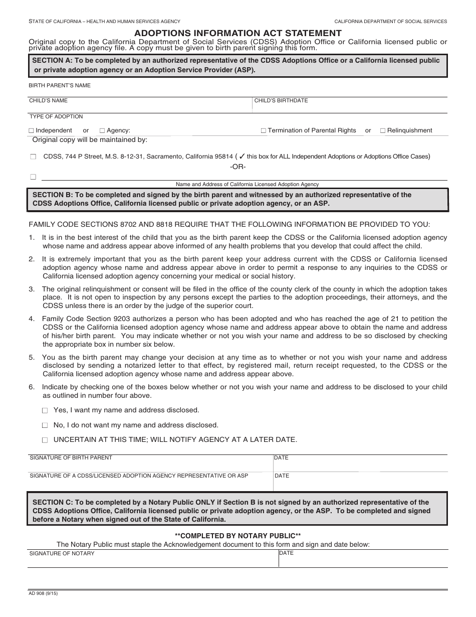 Form AD908 - Fill Out, Sign Online and Download Fillable PDF ...