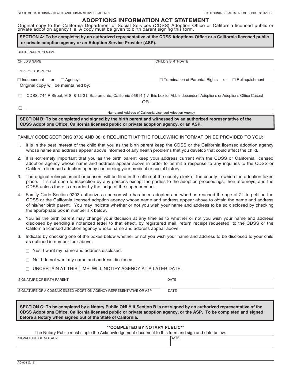 Form AD908 Adoptions Information Act Statement - California, Page 1