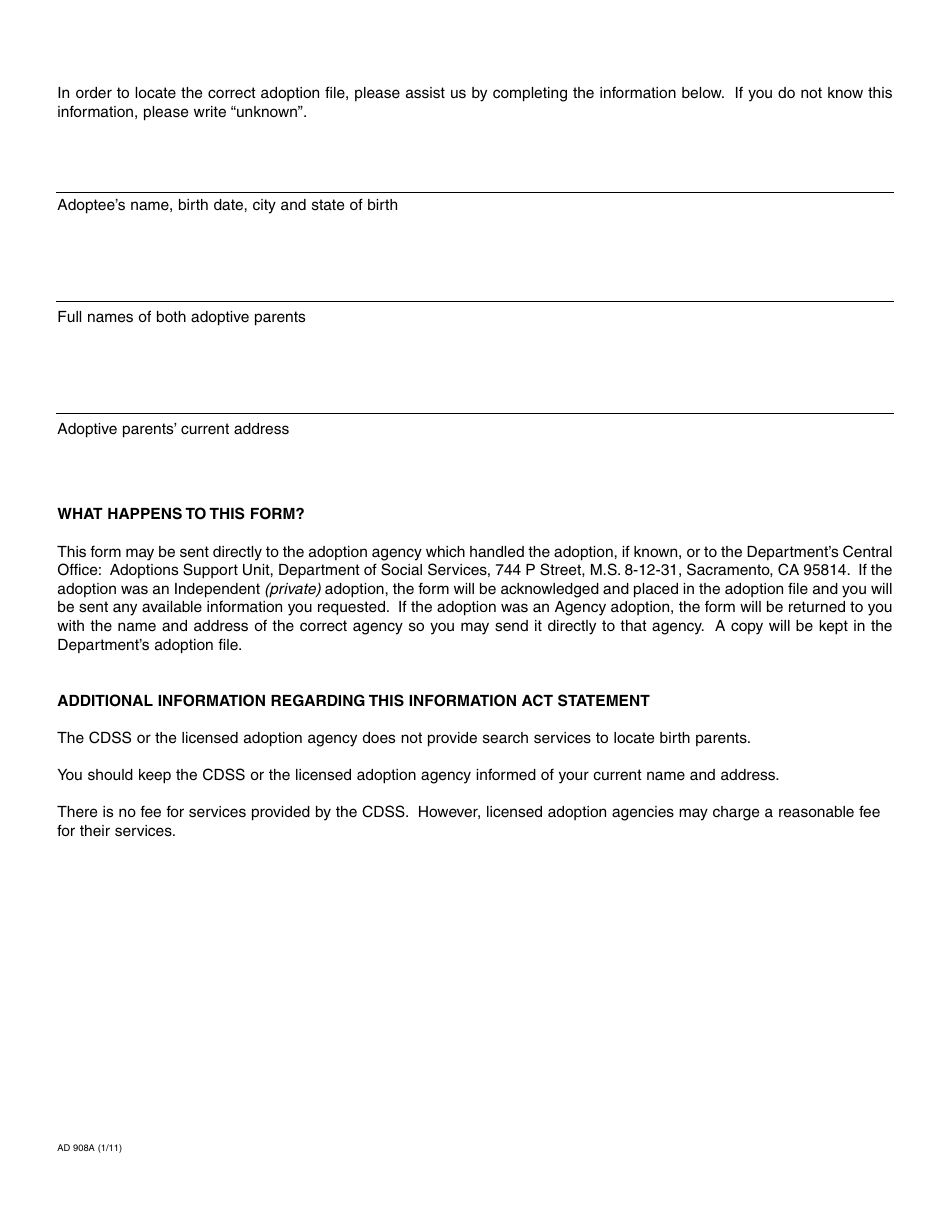 Form AD908A Adoptions Information Act Statement - California, Page 2