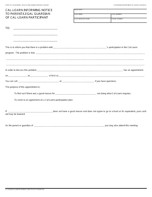 Form CL4 Cal-Learn Informing Notice to Parent/Legal Guardian of Cal-Learn Participant - California