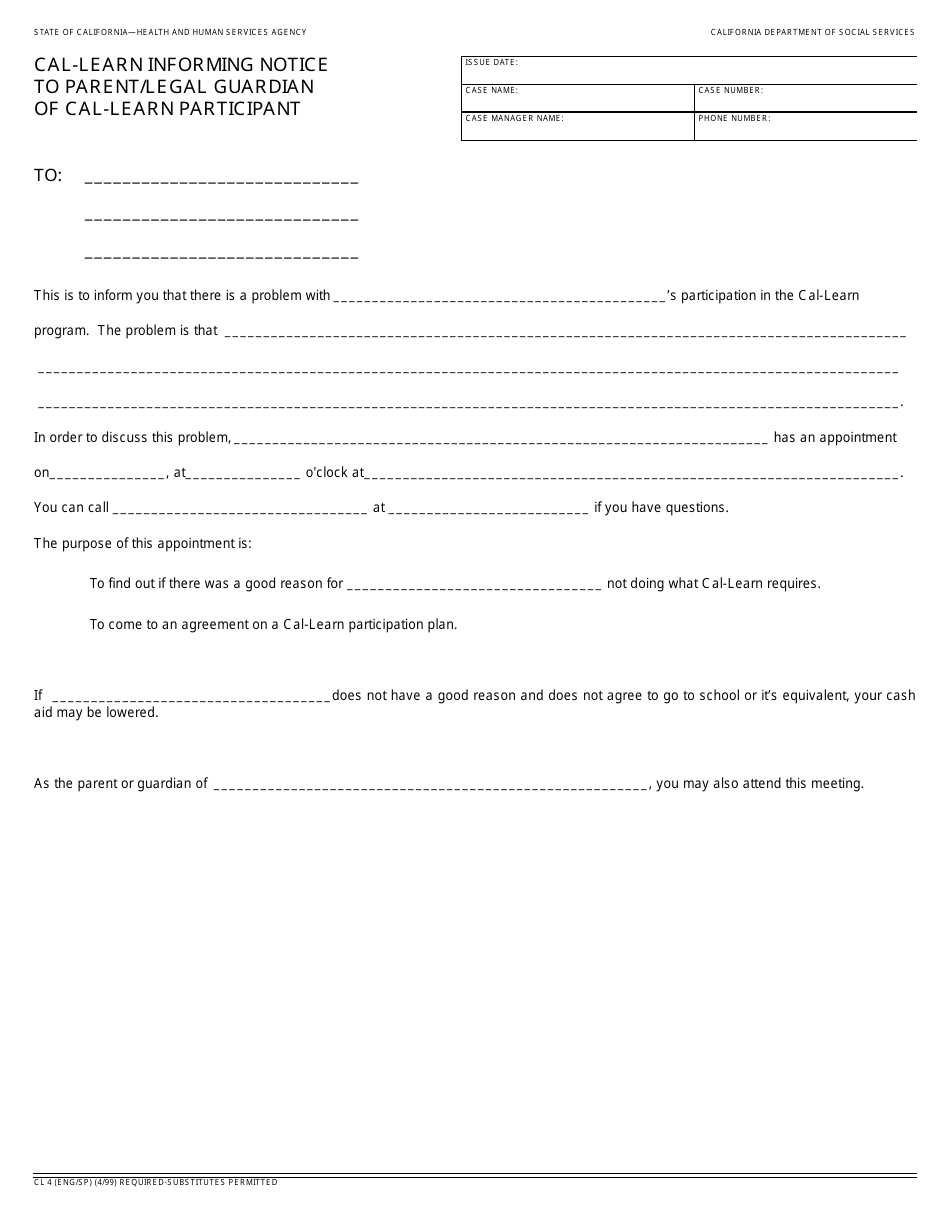 Form CL4 Cal-Learn Informing Notice to Parent / Legal Guardian of Cal-Learn Participant - California, Page 1