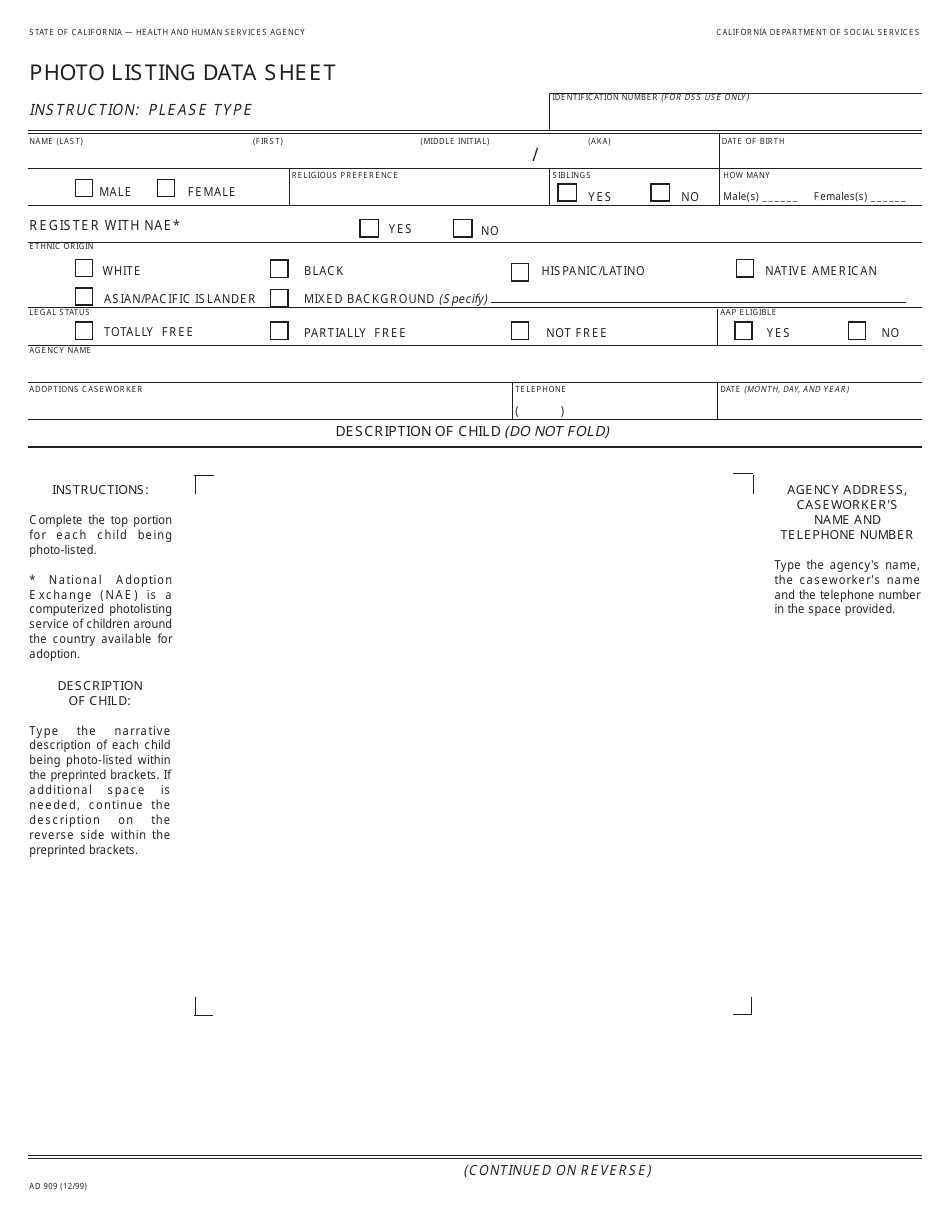 Form AD909 Photo Listing Data Sheet - California, Page 1