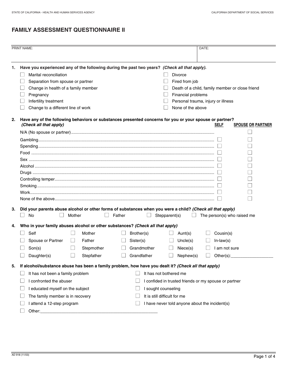 Form AD918 Family Assessment Questionnaire Ii - California, Page 1