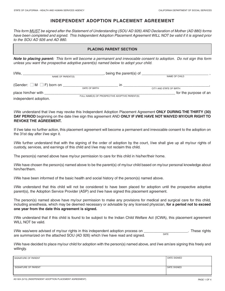 Form AD924 Independent Adoption Placement Agreement - California, Page 1