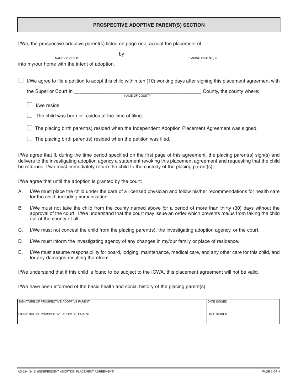 Form AD924 Independent Adoption Placement Agreement - California, Page 3