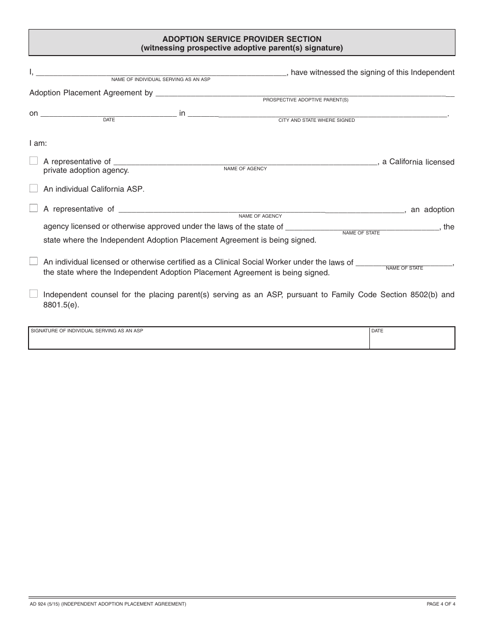 Form AD924 Independent Adoption Placement Agreement - California, Page 4