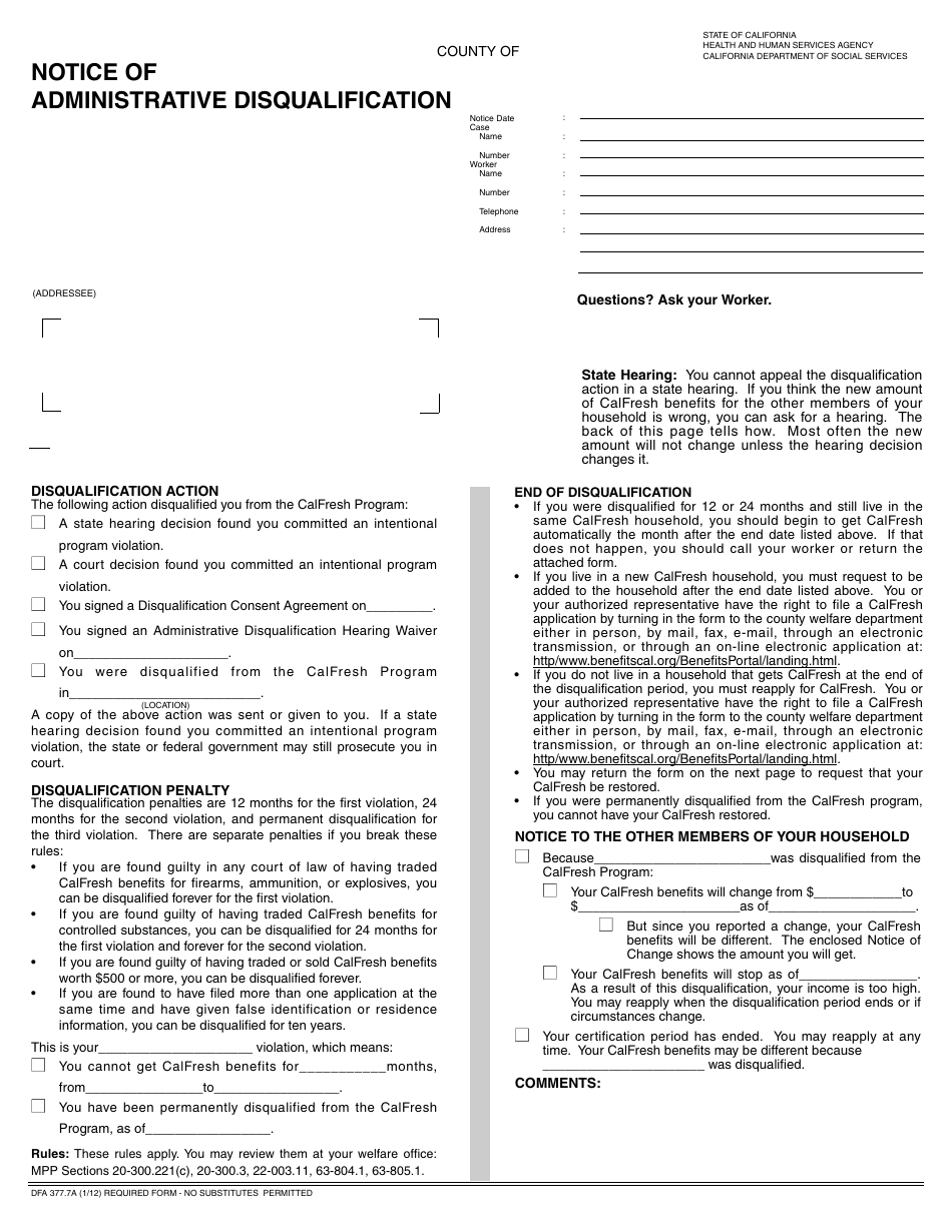 Form DFA377.7A Notice of Administrative Disqualification - California, Page 1