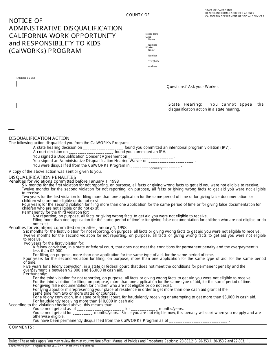 Form ABCD239.7A Notice of Administrative Disqualification - California Work Opportunity and Responsibility to Kids (Calworks) Program - California, Page 1