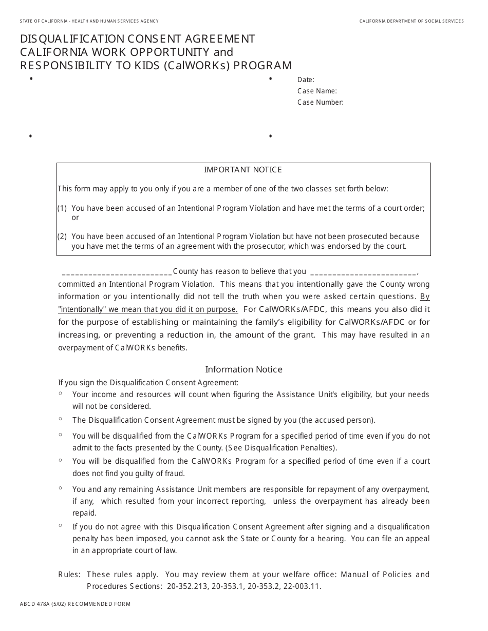 Form ABCD478A Disqualification Consent Agreement - California Work Opportunity and Responsibility to Kids (Calworks) Program - California, Page 1