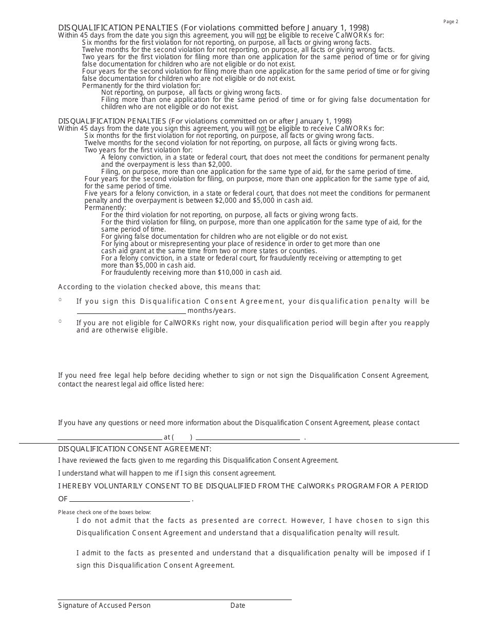 Form ABCD478A Disqualification Consent Agreement - California Work Opportunity and Responsibility to Kids (Calworks) Program - California, Page 2