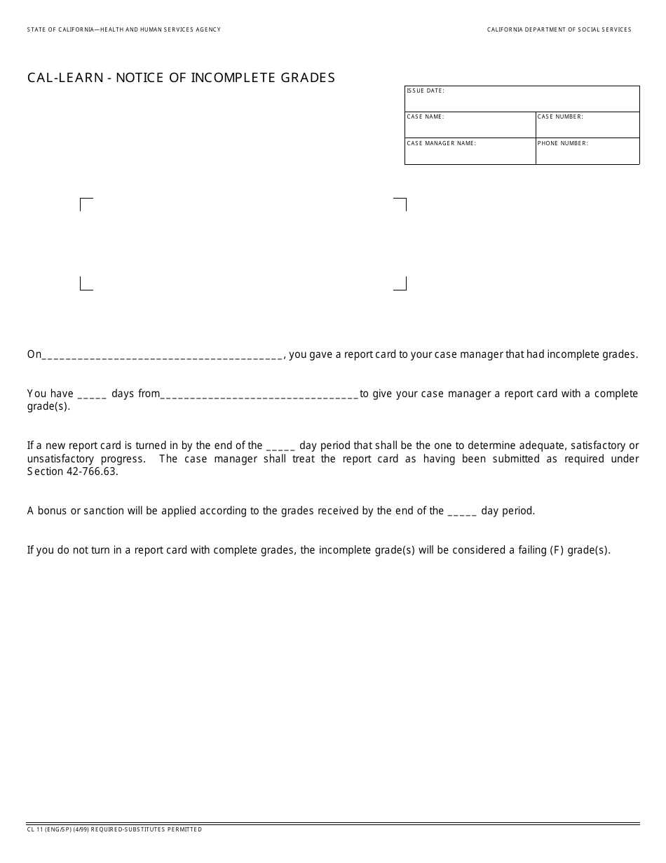 Form CL11 Cal-Learn - Notice of Incomplete Grades - California, Page 1