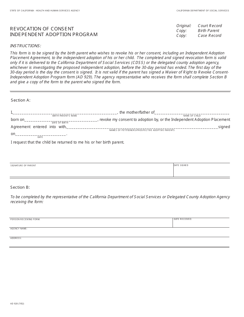 Form AD928 Revocation of Consent - Independent Adoption Program - California, Page 1