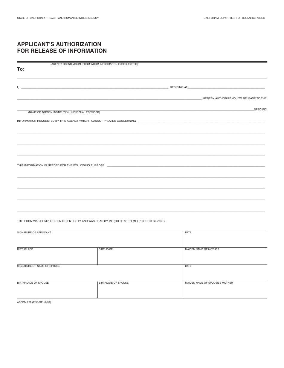 Form ABCDM228 Applicants Authorization for Release of Information - California, Page 1