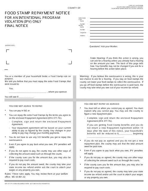 Form DFA377.7F1  Printable Pdf