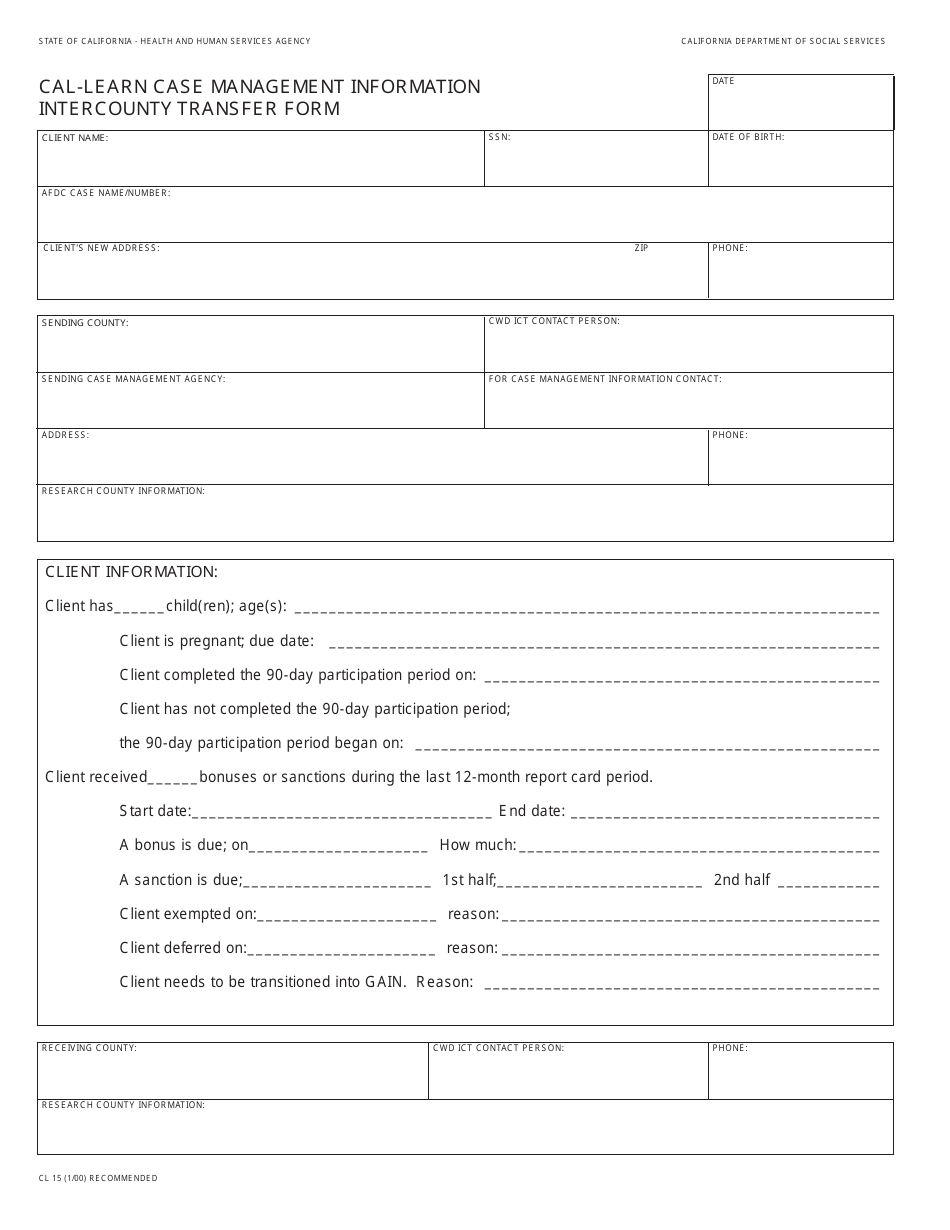 Form CL15 Cal-Learn Case Management Information Intercounty Transfer Form - California, Page 1