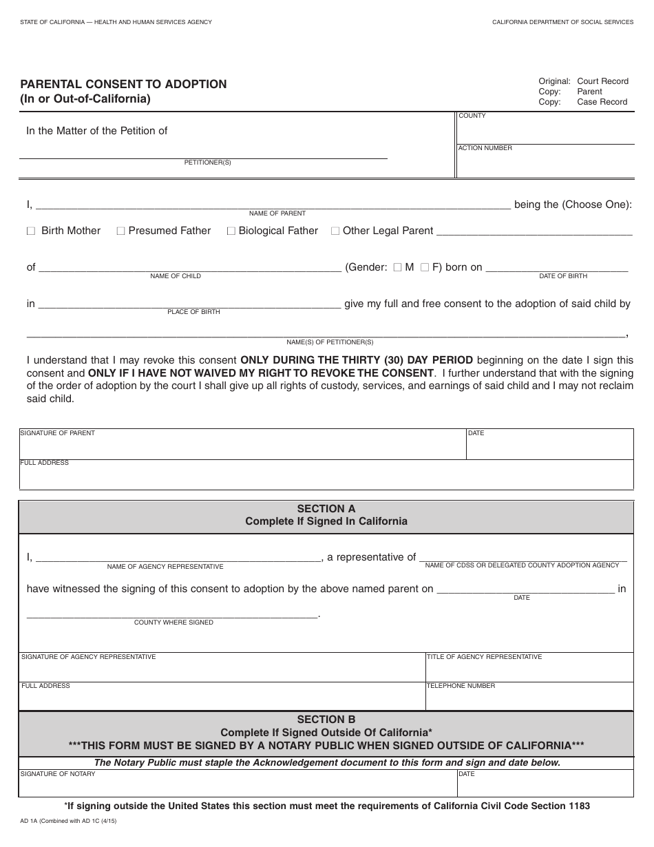 Form AD1A Parental Consent to Adoption (In or out-Of-California) - California, Page 1