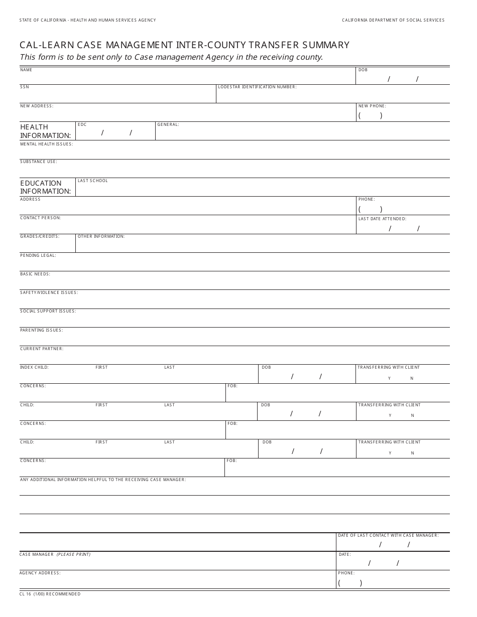 Form CL16 Cal-Learn Case Management Inter-County Transfer Summary - California, Page 1