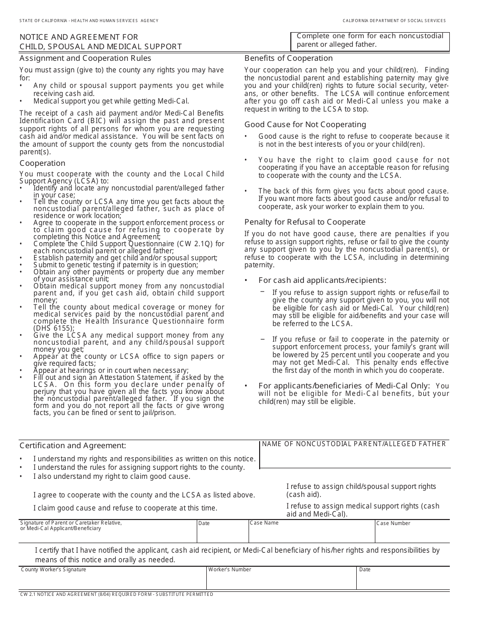 Form CW2.1 Notice and Agreement for Child, Spousal and Medical Support - California, Page 1
