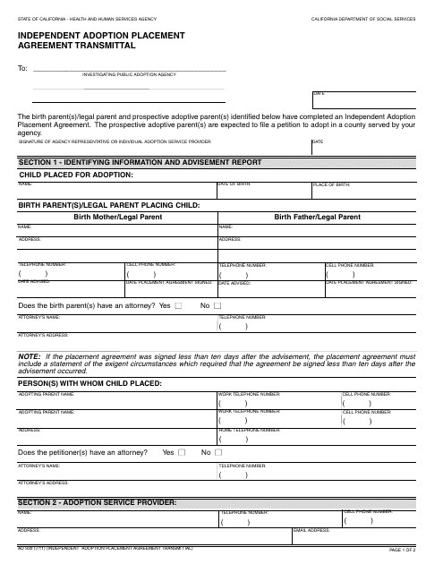 Form AD930 Independent Adoption Placement Agreement Transmittal - California